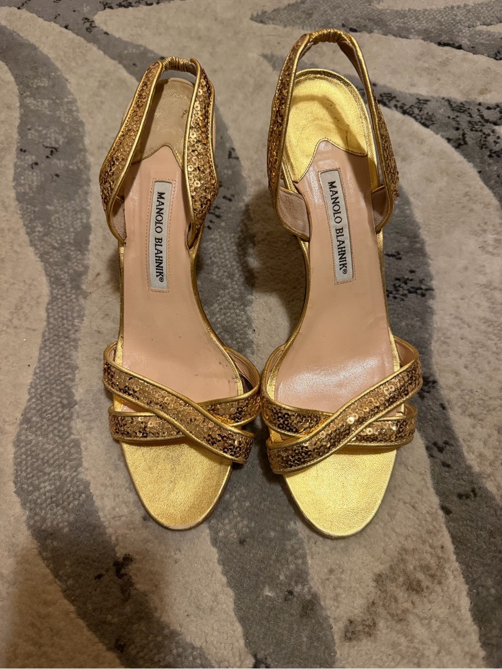 Manolo Blahnik Gold Sequin Crossover Slingback Heels